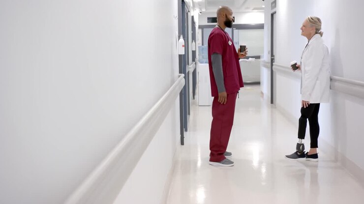 Diversos médicos e médicas em discussão tomando café em corredor de hospital, em câmera lenta.