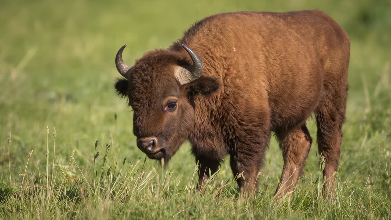 Grazing brown bison responding to sunlight, moving in sunlit meadow, showing horns hooves saliva