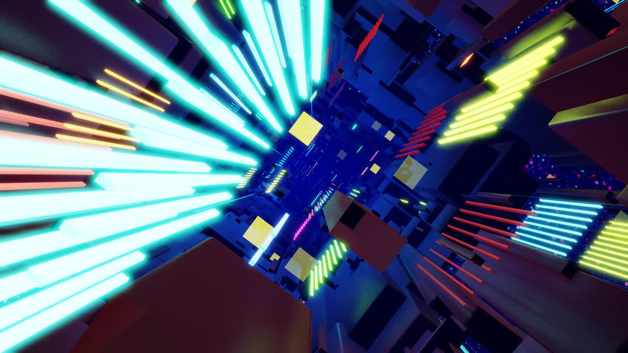 Hi-tech information flow in blockchain or big data tech. Information Technology concept. Blue dark sci fi background fly through tech digital space like in tunnel neon light. Looped bg motion design.