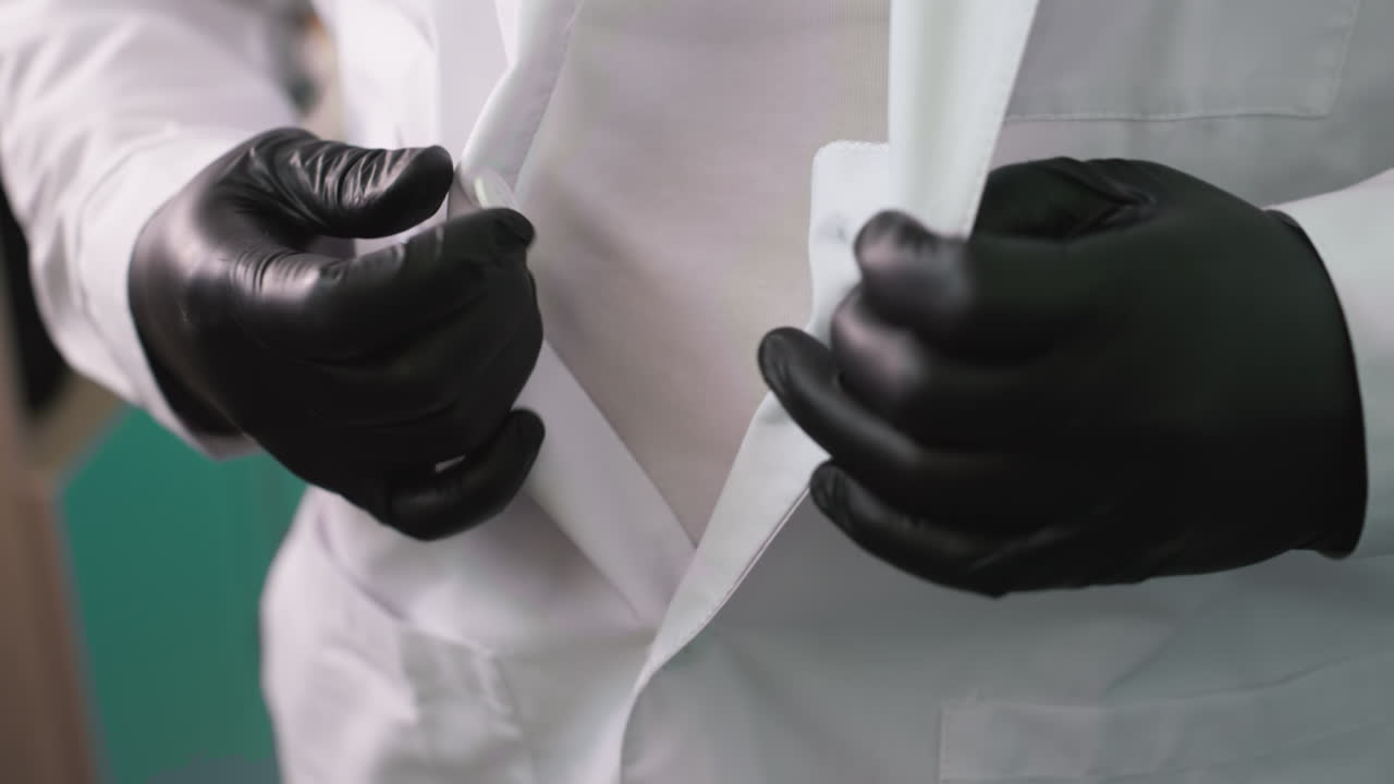 A close-up view of a man wearing black gloves as he carefully un-buttons his lab coat, with a green painted wall behind