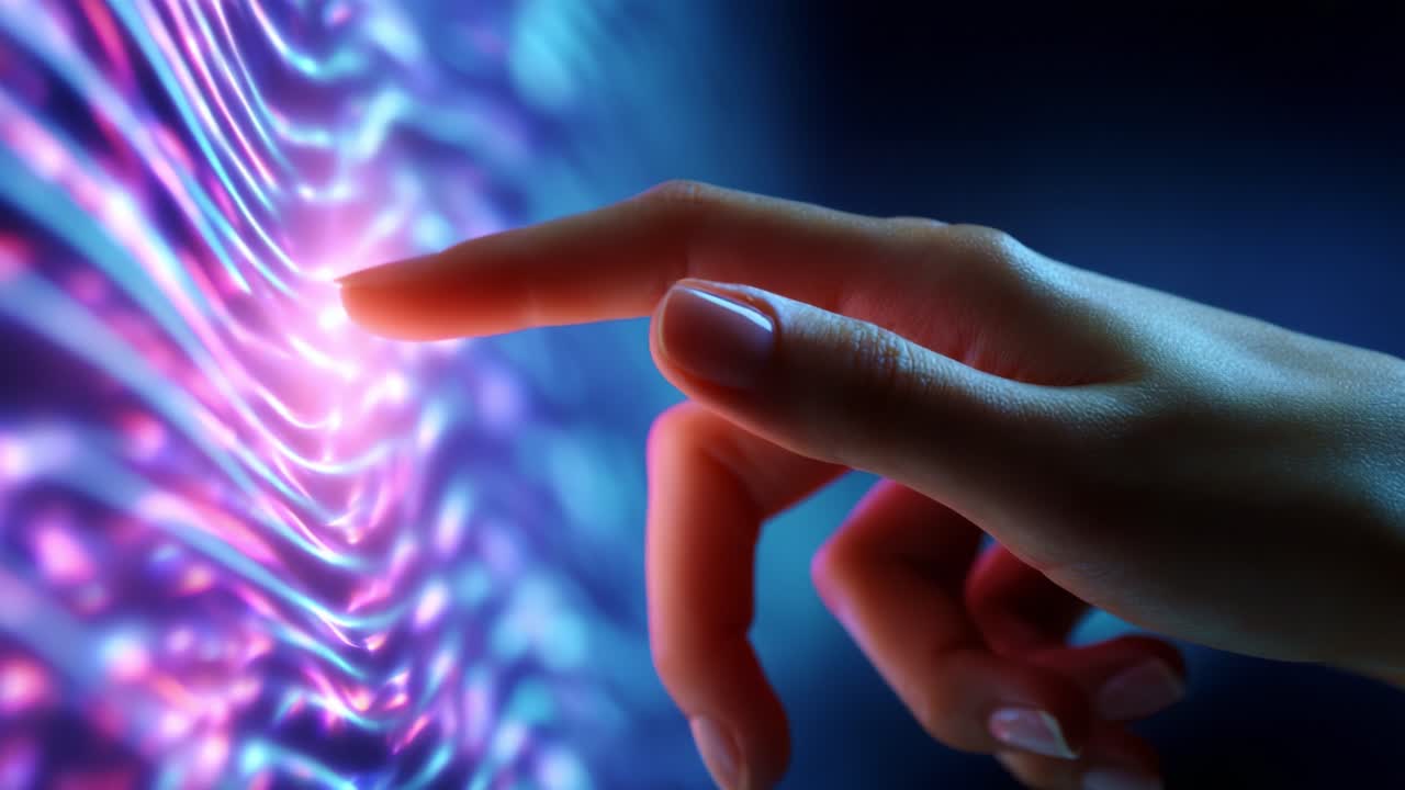 A Captivating Image of a Hand Gently Touching a Vibrant, Colorful Surface of Light Waves, Illustrating the Intersection of Human Touch and Advanced Technology in a Digital Universe