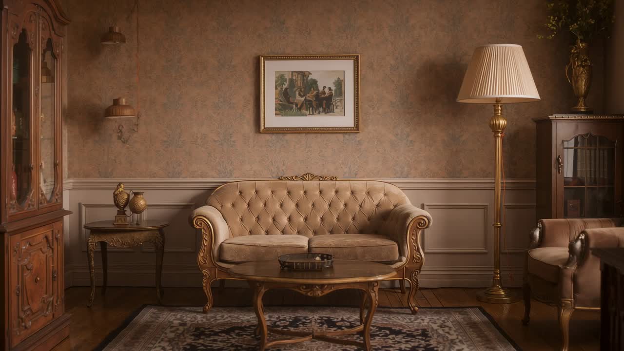 Starting static camera showcasing vintage living room with tufted sofa, coffee table and brass lamp