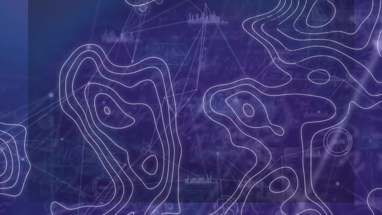 Animation of moving white lines over network of connections on purple background