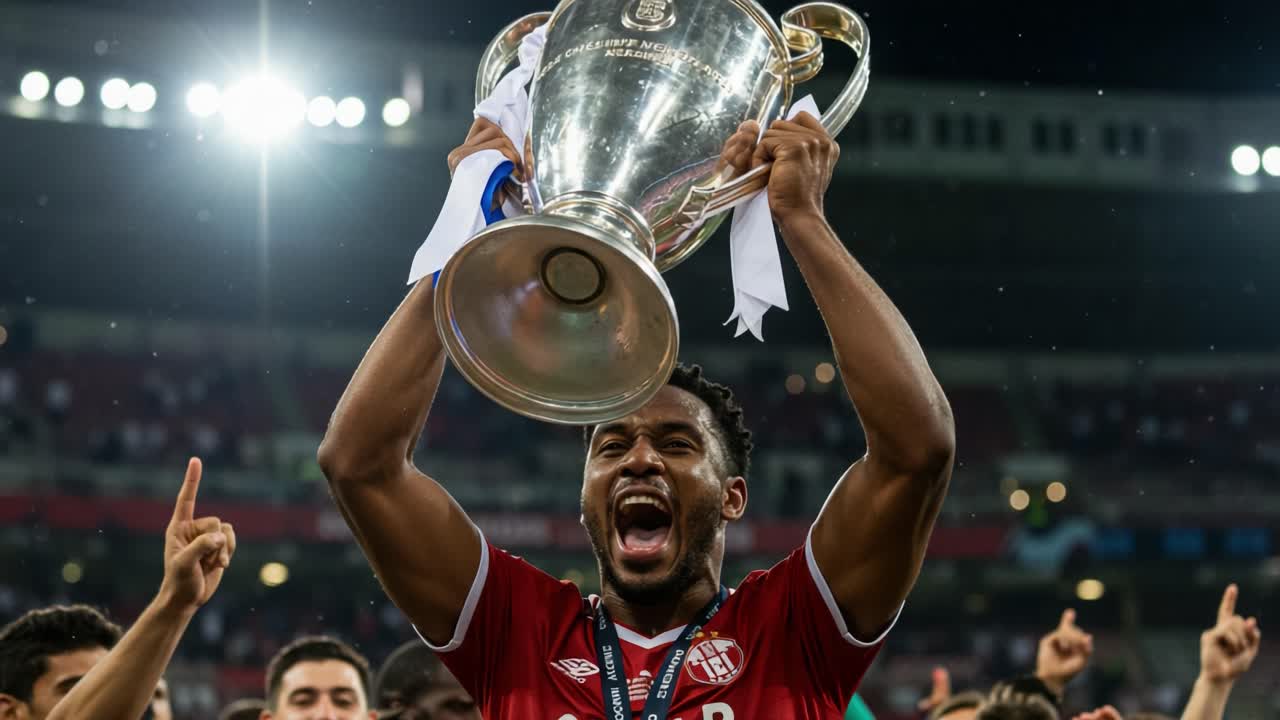 Celebrating Victory: A Champion Lifts the Trophy in Triumph Amidst Cheers and Joyful Teammates, Marking a Historic Achievement in Sports