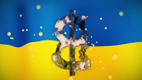 animación del símbolo de bitcoin sobre manchas y la bandera de ucrania