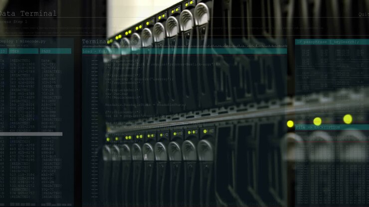 Animation of data processing against close up view of a computer server