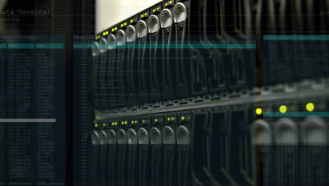 Animation-of-data-processing-against-close-up-view-of-a-computer-server