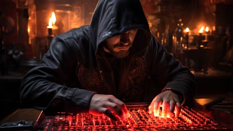 mysterious figure using illuminated keyboard in dimly lit room at night