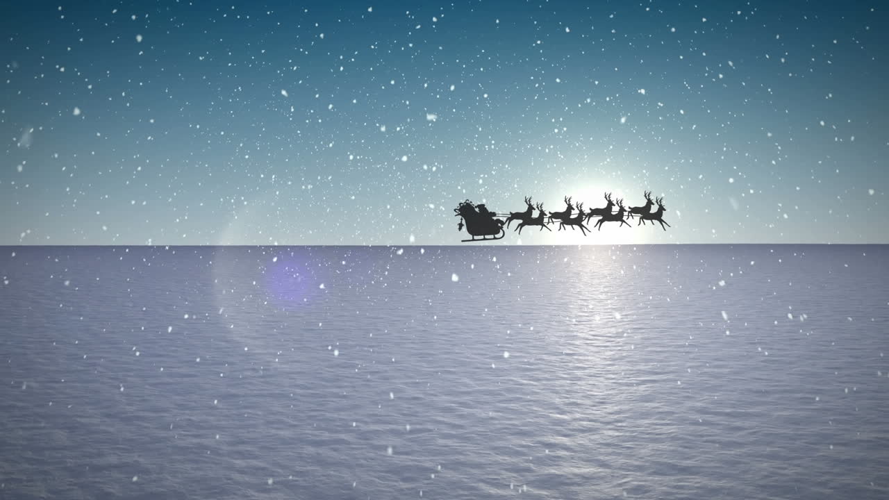 animación de santa claus en trineo con renos que pasan sobre un paisaje invernal nevado