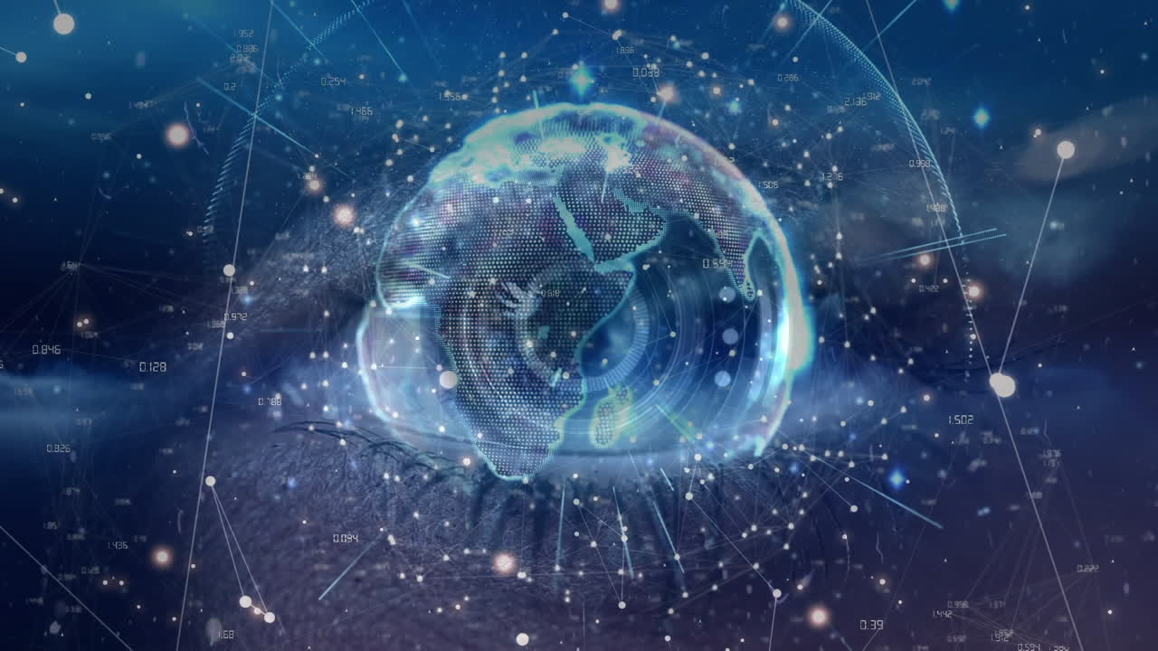 파란색 배경에 인간 눈의 클로즈업에 대한 둥근 스캐너와 회전하는 지구