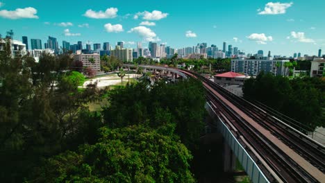 linha ferroviária elevada serpenteando através da paisagem urbana de miami