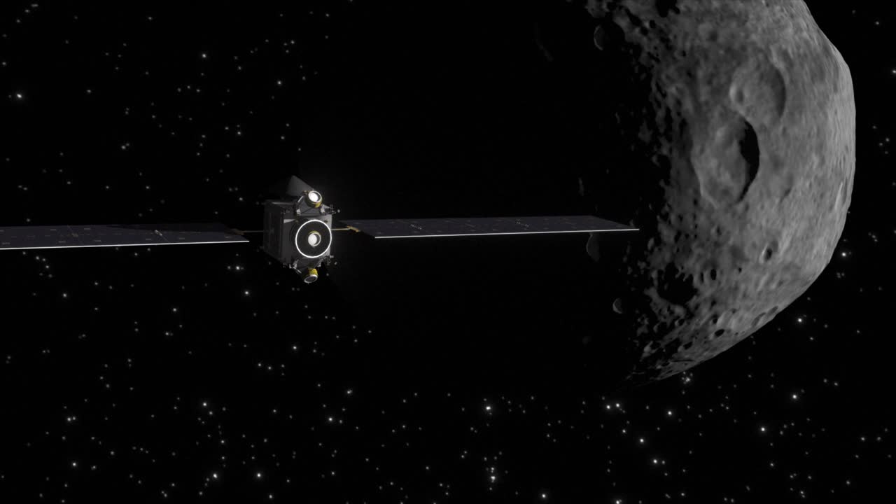 alta calidad y suave revelan toma de la sonda espacial amanecer, como nos retiramos para revelar el asteroide gigante vesta, contra un fondo de espacio profundo