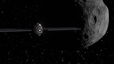 High-quality-and-smooth-reveal-shot-of-the-space-probe-Dawn,-as-we-pull-back-to-reveal-the-giant-asteroid-Vesta,-against-a-deep-space-background