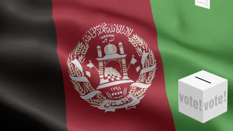 las papeletas de votación vuelan a la caja para la selección de afganistán - caja de votación frente a la bandera - elección - voto - bandera de afganistán - bandera de afganistan con alto detalle - bandera nacional de afganistán patrón de ondas elementos loopables - textura de tela y bucle sin fin