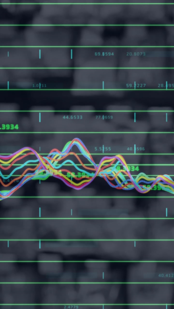 Animation of financial data processing over dark background