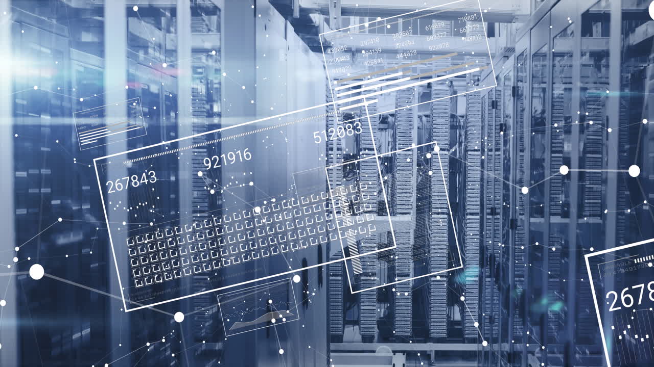 Animation of changing numbers loading bars and squares over server room in background