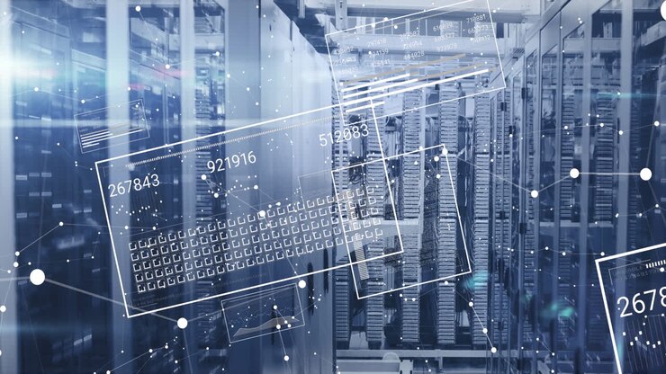Animation of changing numbers loading bars and squares over server room in background