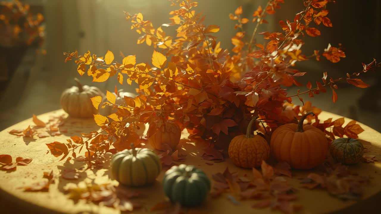 Shifting sunlight breeze fluttering leaves on pumpkins at wooden table at home, conveying time