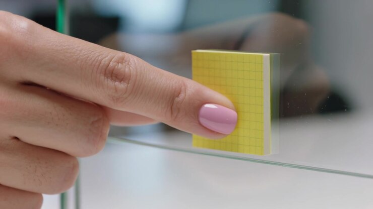 Finger entering left, pink-nailed index pressing yellow sticky pad on glass at desk, securing note