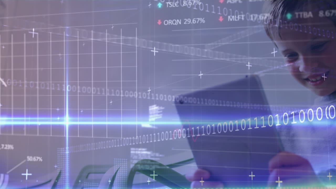animación de procesamiento de datos financieros y codificación binaria sobre niño caucásico usando tableta