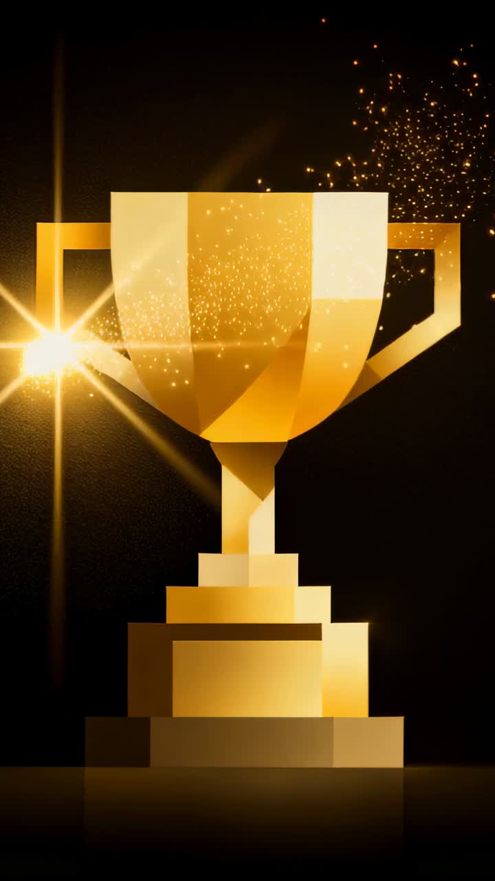 Vertical video: Starburst flashing causing gold trophy glowing on pedestal revealing award
