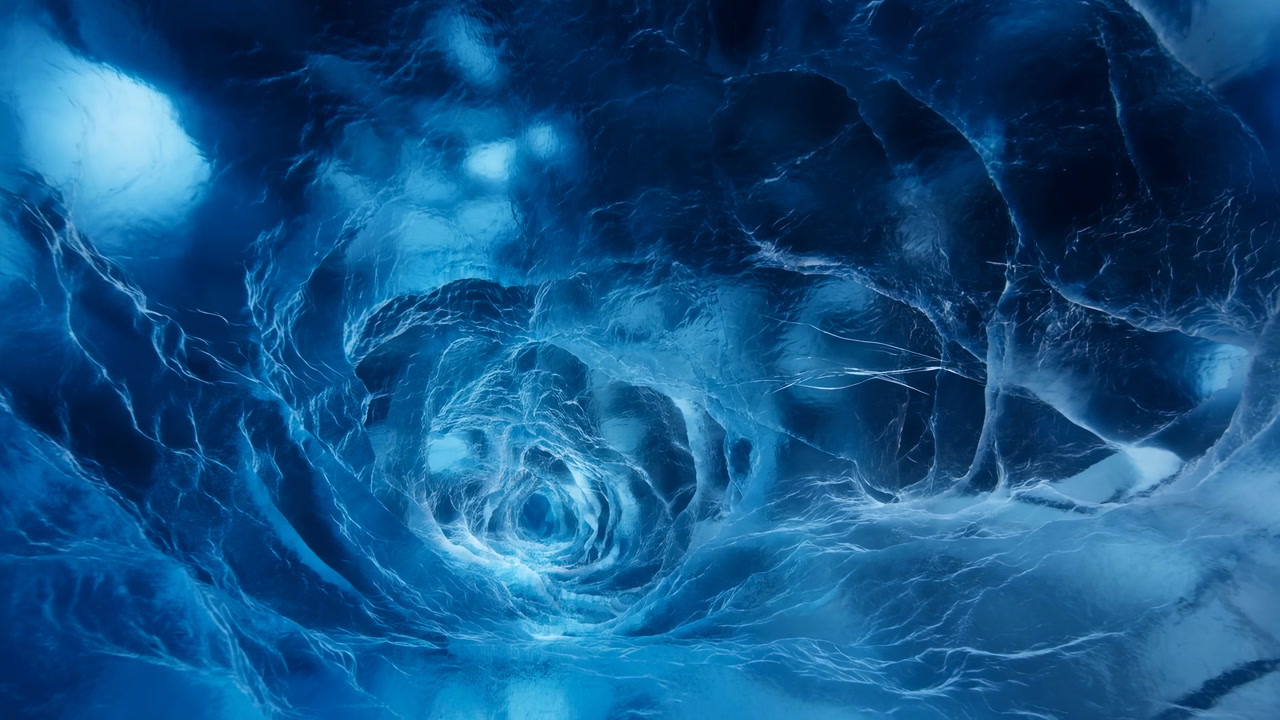 Deep Blue Icy Vortex Tunnel, Swirling Crystalline Ice Formations Create Cinematic Cave Passage, Explorers