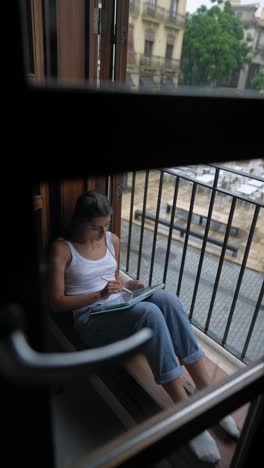 mujer dibujando en la tableta en una ventana lluviosa