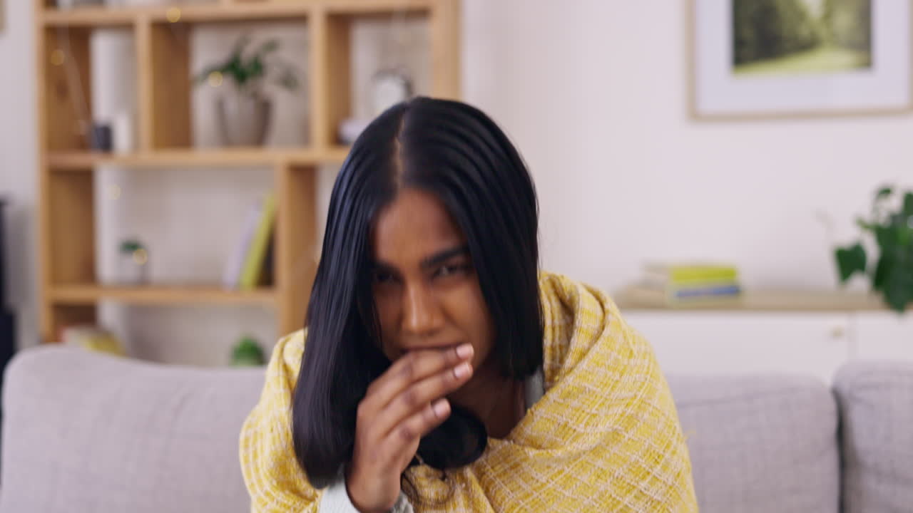 tos, cara enferma y mujer con telemedicina