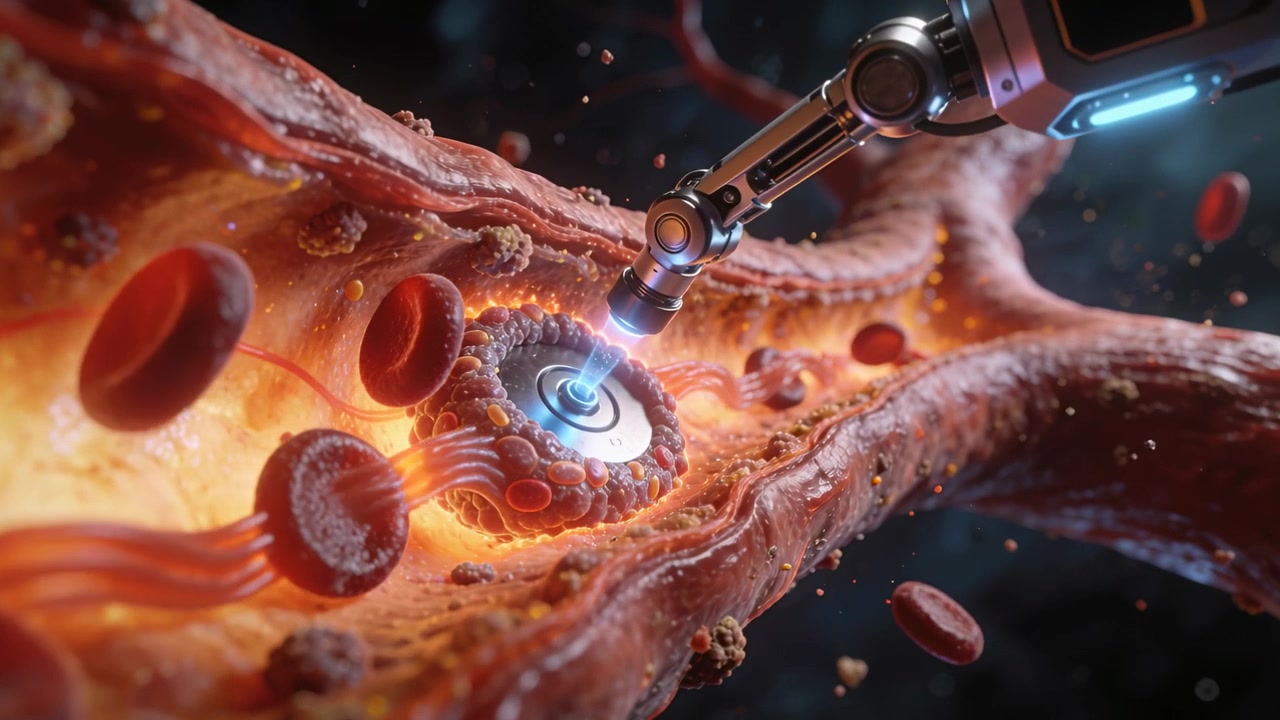 Camera tracking robot arm aligning disc tool for ablating plaque in vessel, emitting blue beam