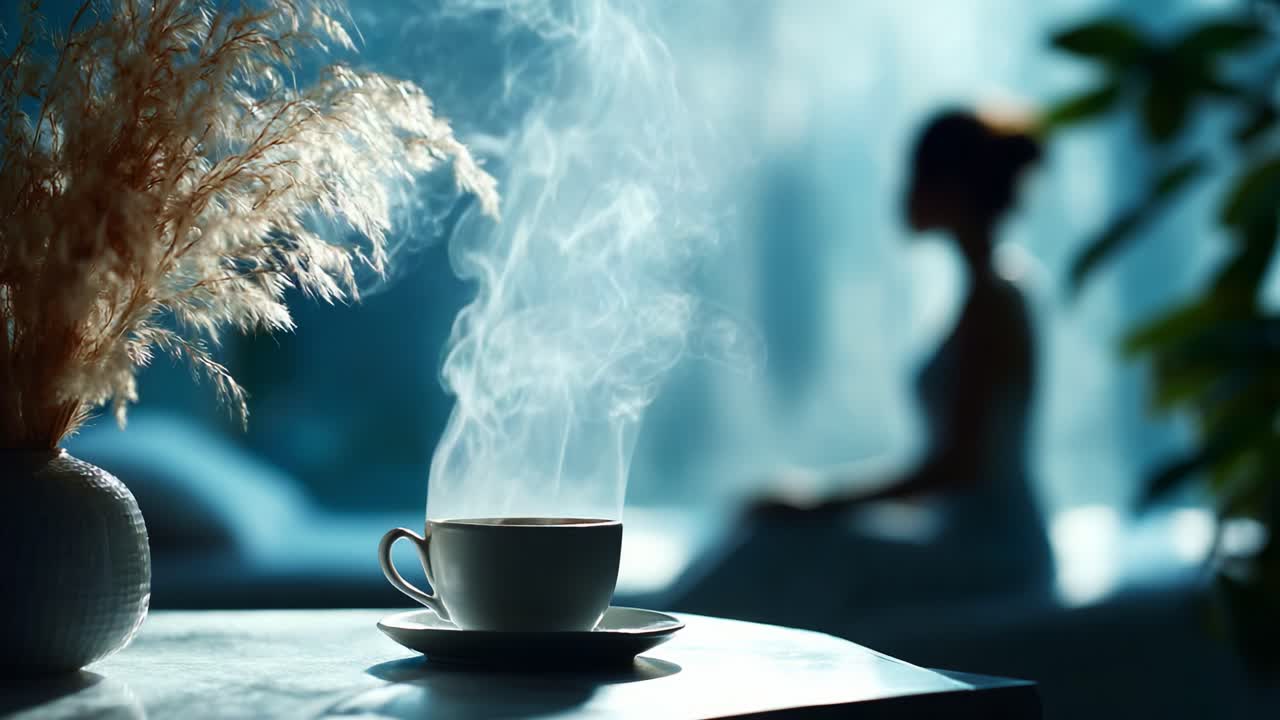 A Tranquil Morning Scene Featuring a Steaming Cup of Coffee and a Woman in the Background, Evoking a Sense of Calm and Reflection in a Softly Lit Environment