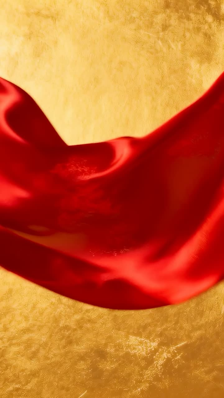 Video verticale: raso rosso scivolante che si apre su uno sfondo dorato, guidato da un rig con illuminazione calda