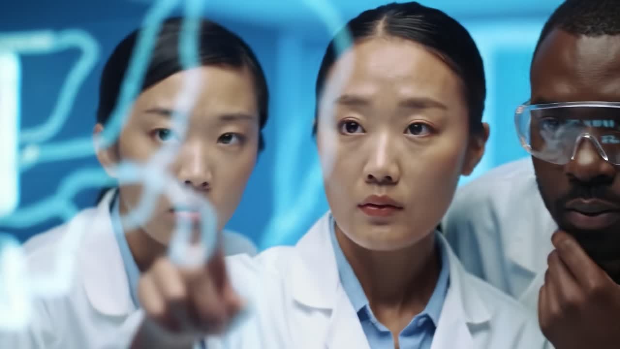 Three researchers focus intently on a digital display while brainstorming ideas for new health technology solutions. Their teamwork emphasizes innovation and scientific progress.