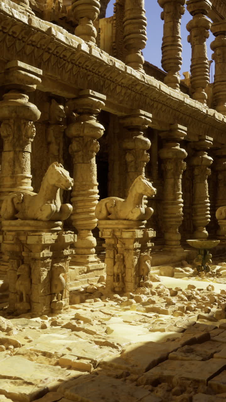 Exploring an ancient temple corridor with intricate carvings and sculptures