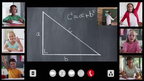 animation of interface screen with chalkboard, teacher and six diverse children in online lesson