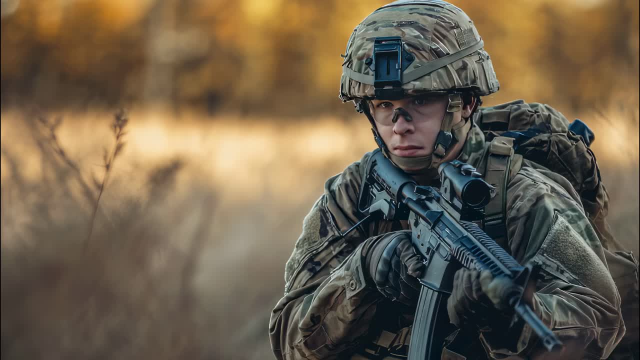 Soldier clad in camouflage uniform and helmet, gripping a rifle equipped with a scope, engaging in a military operation within a blurred natural environment, showcasing readiness and focus