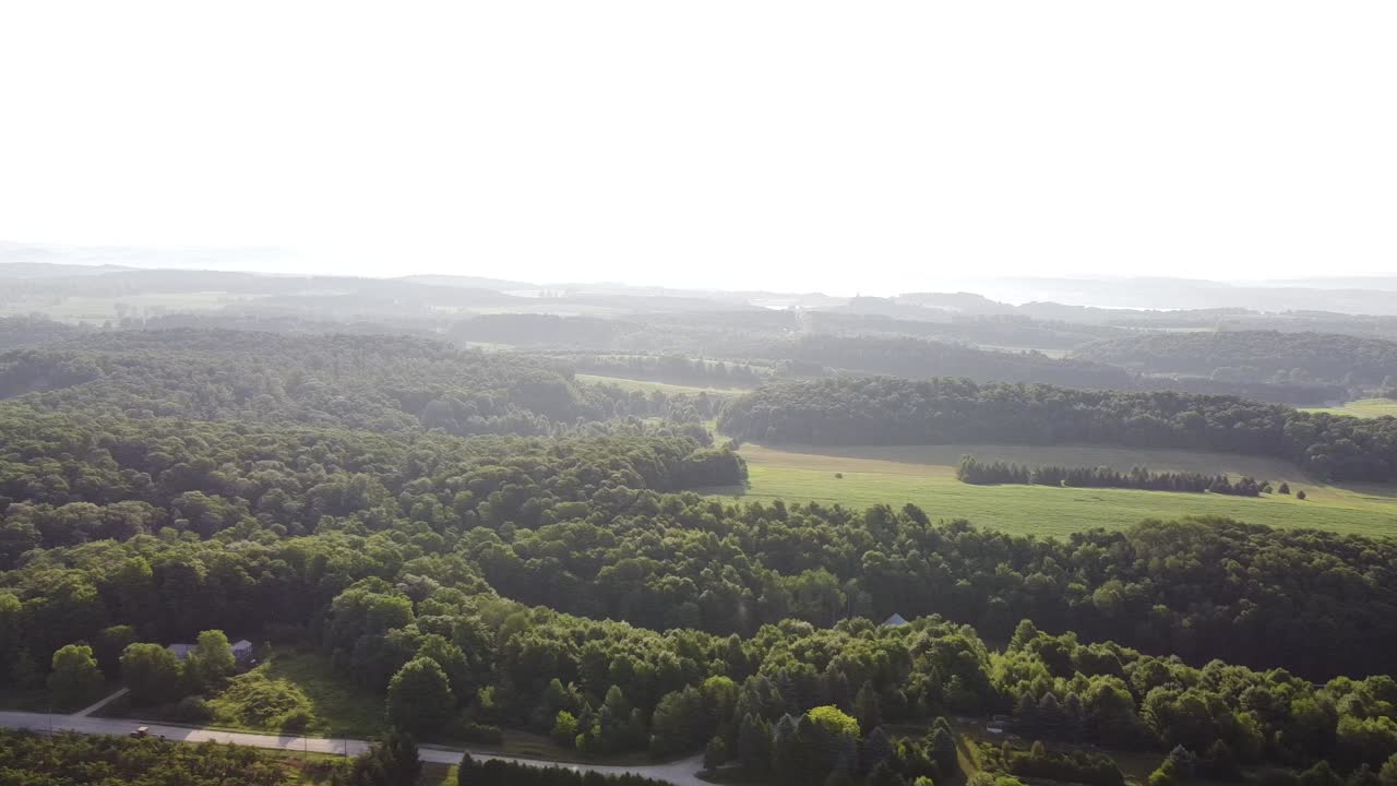 niebla sobre las amplias tierras de cultivo llenas de árboles verdes en el condado de leelanau, pure michigan - antena
