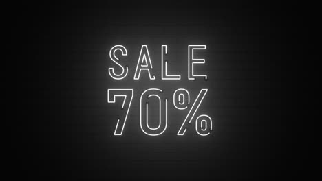tienda de descuento 70% signo de color blanco neón en animación de fondo de pared de ladrillo.