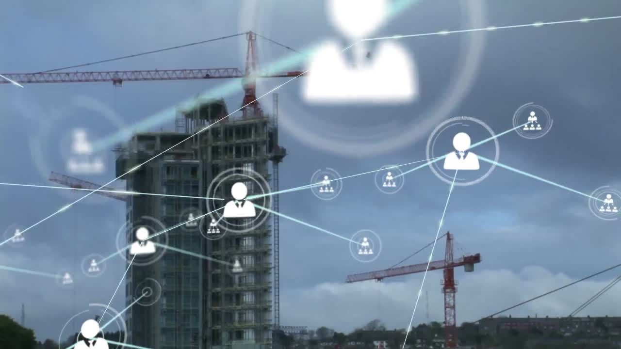 animación de la red de conexiones con iconos sobre el sitio de construcción.