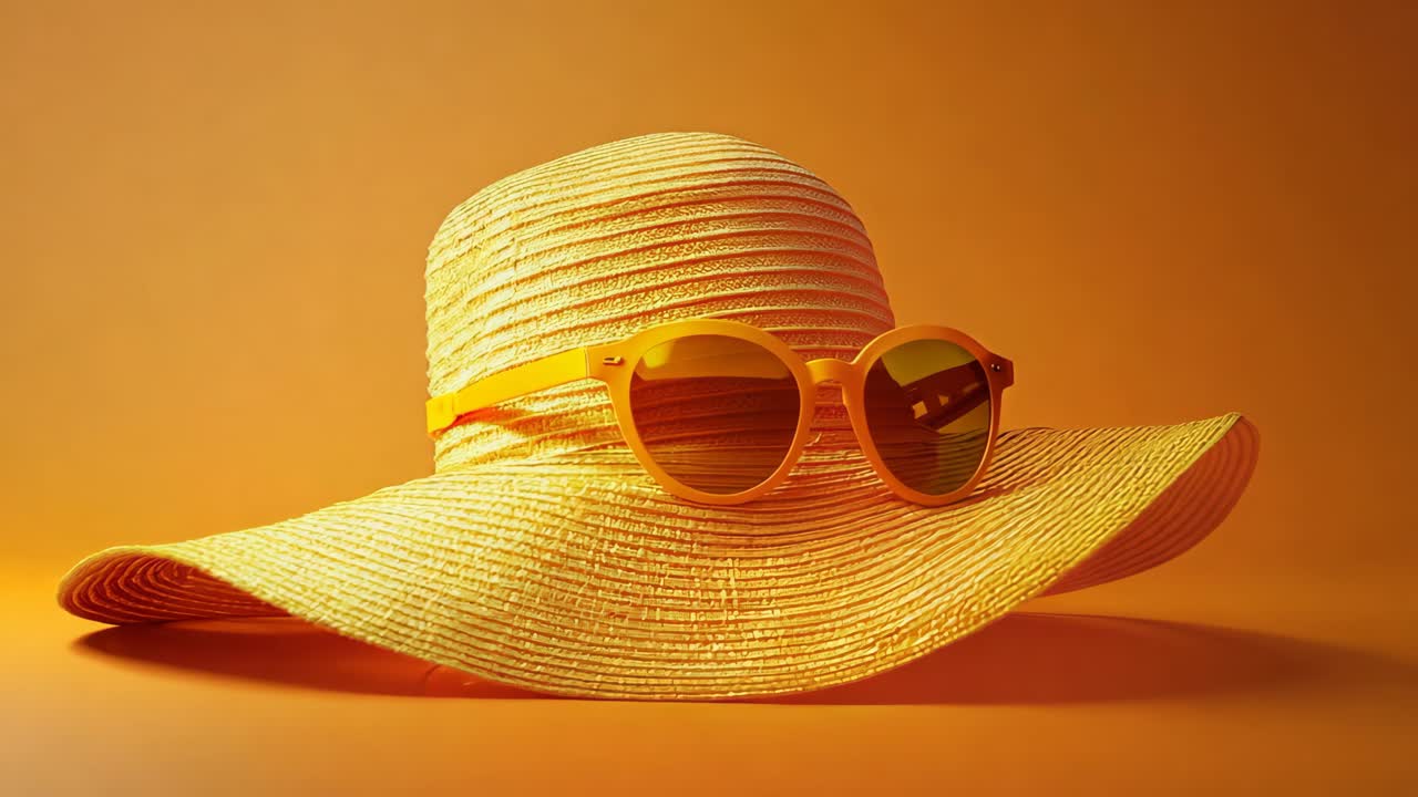 A yellow hat with sunglasses on top of it. The hat is placed on a yellow background. The hat and sunglasses give off a sunny and cheerful vibe