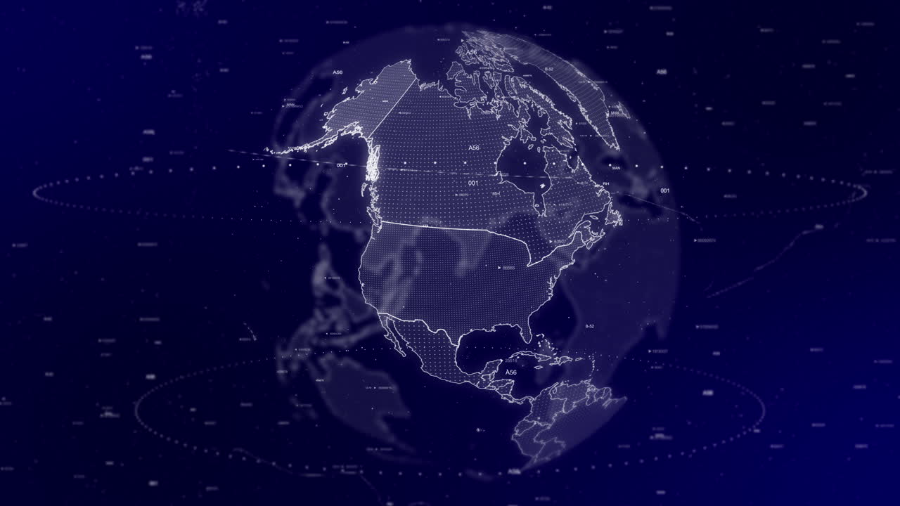 A cinematic video background showcases a digital globe rotating, zooming in on United States of America