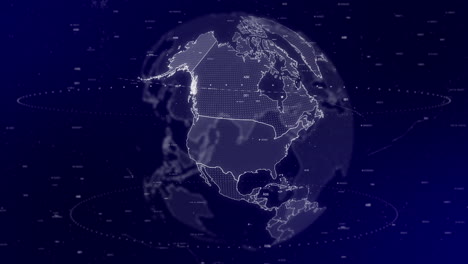 a cinematic video background showcases a digital globe rotating, zooming in on united states of america