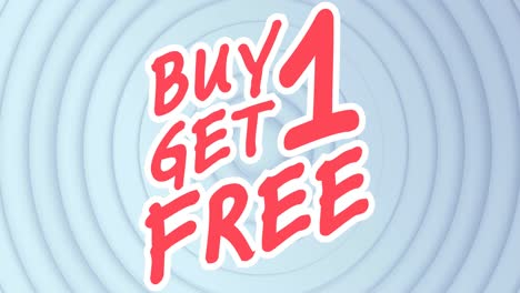 animation of buy 1 get 1 free text on white pulsating circles in background