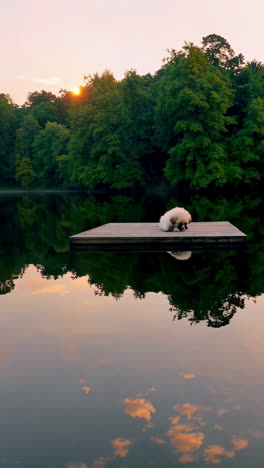 puppy on a dock at sunrise