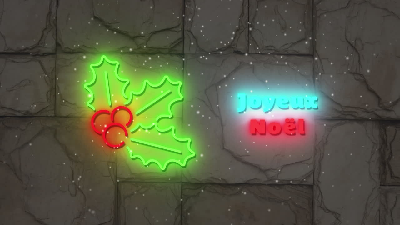animación de neón temporadas de navidad saludos en francés y decoraciones sobre la pared de piedra