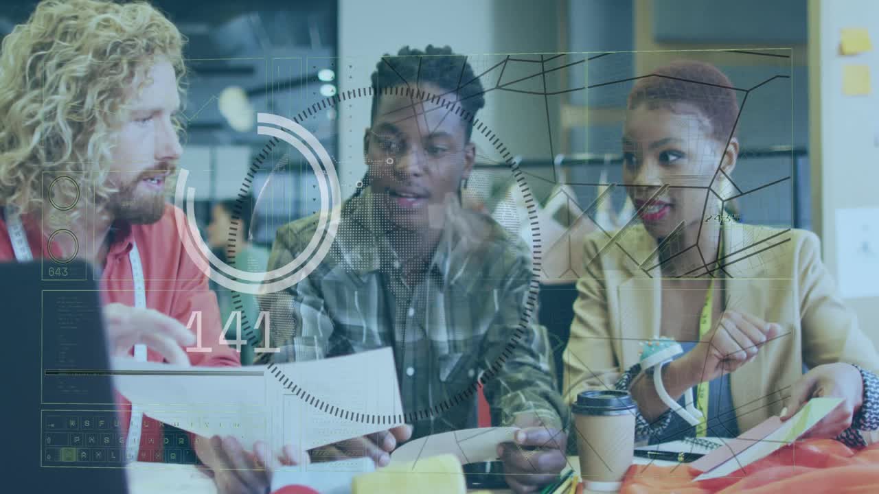 Animation of data processing over business people working in office