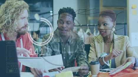 animation of data processing over business people working in office