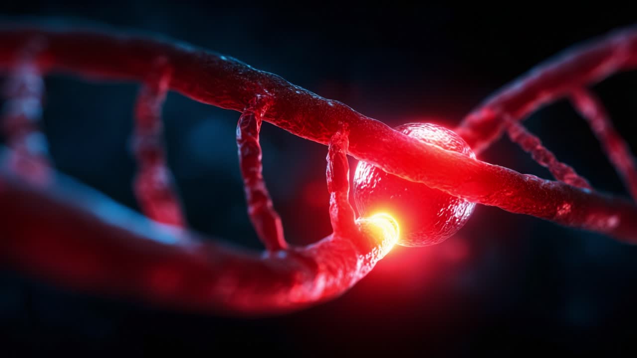 Intricate Visualization of DNA Helix Intertwining with Radiant Cells Illuminated by a Pulsating Red Glow, Symbolizing Genetic Structure and Cellular Interactions at a Molecular Level