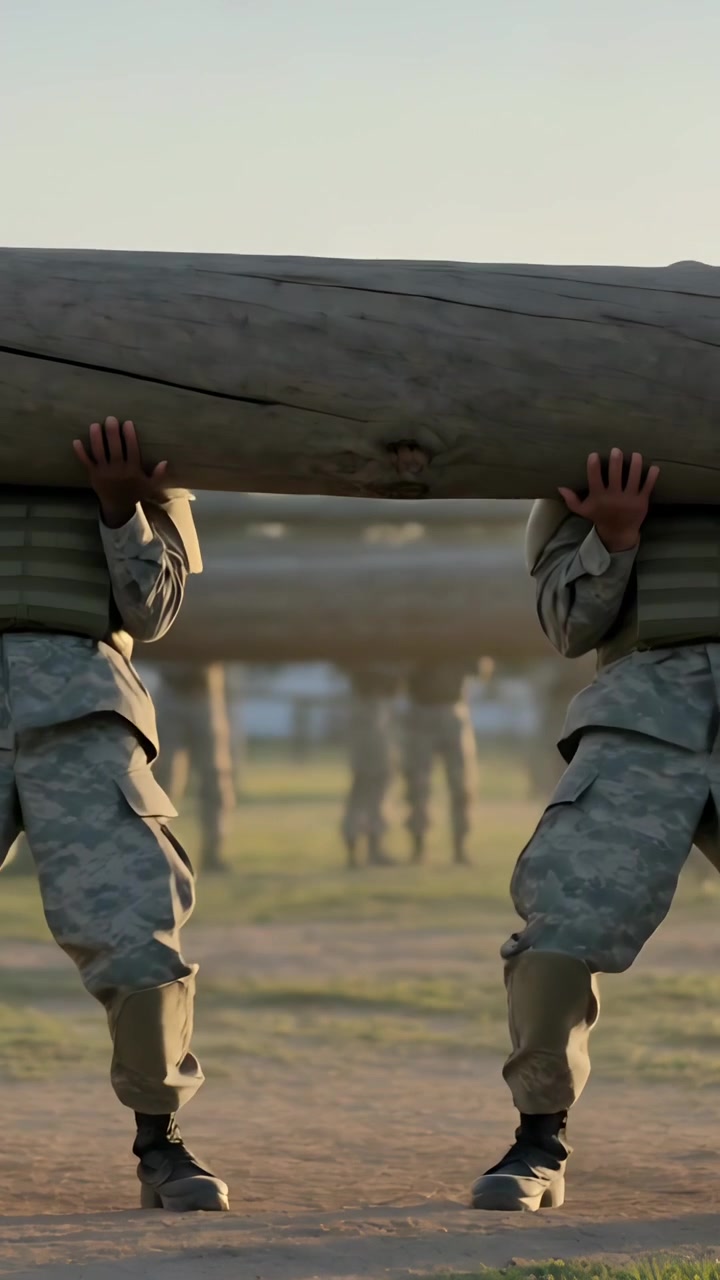 Video vertical: Levantando un tronco grande, dos soldados con camuflaje moviéndose en una pista de obstáculos después de la señal de inicio.