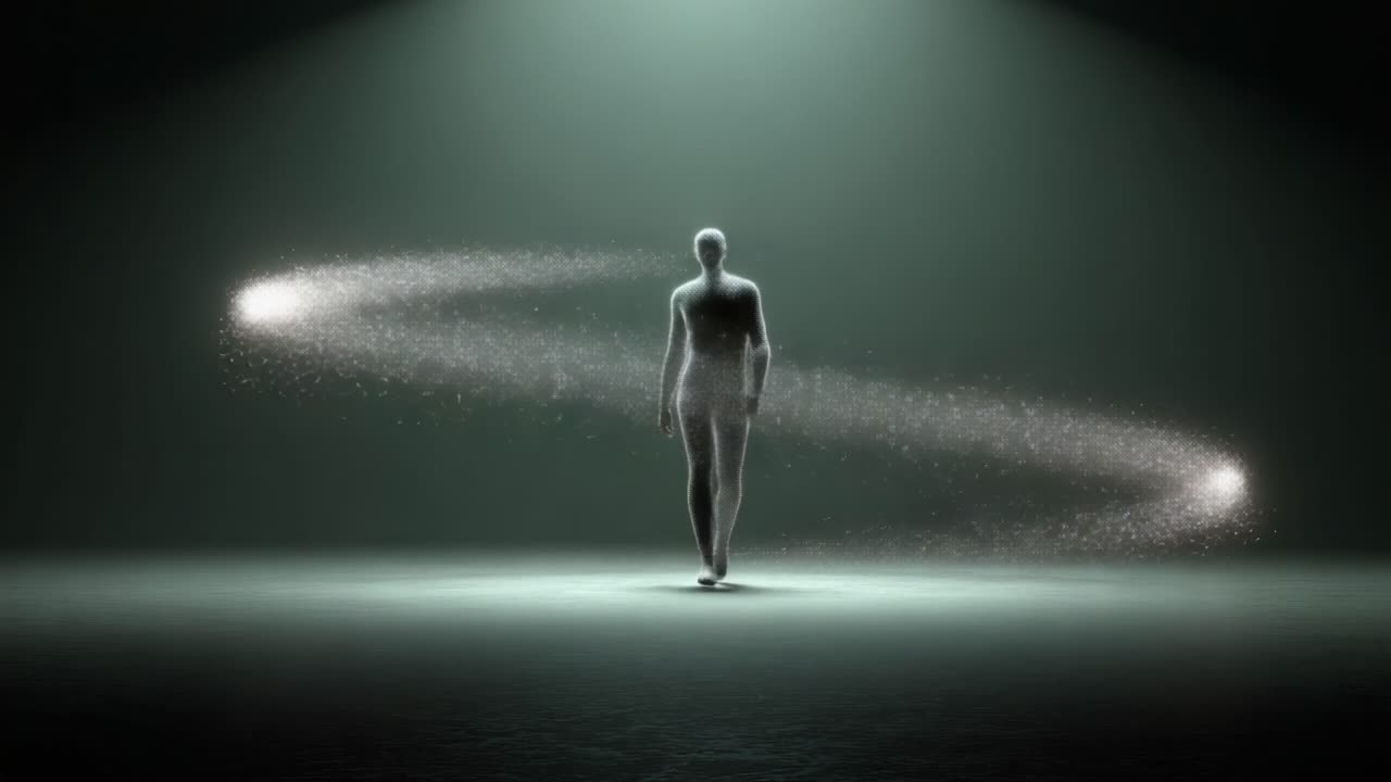 A Mystical Journey: A Figure of Light Traverses an Ethereal Space, Leaving Trails of Sparkling Energy, Symbolizing Transformation and Exploration