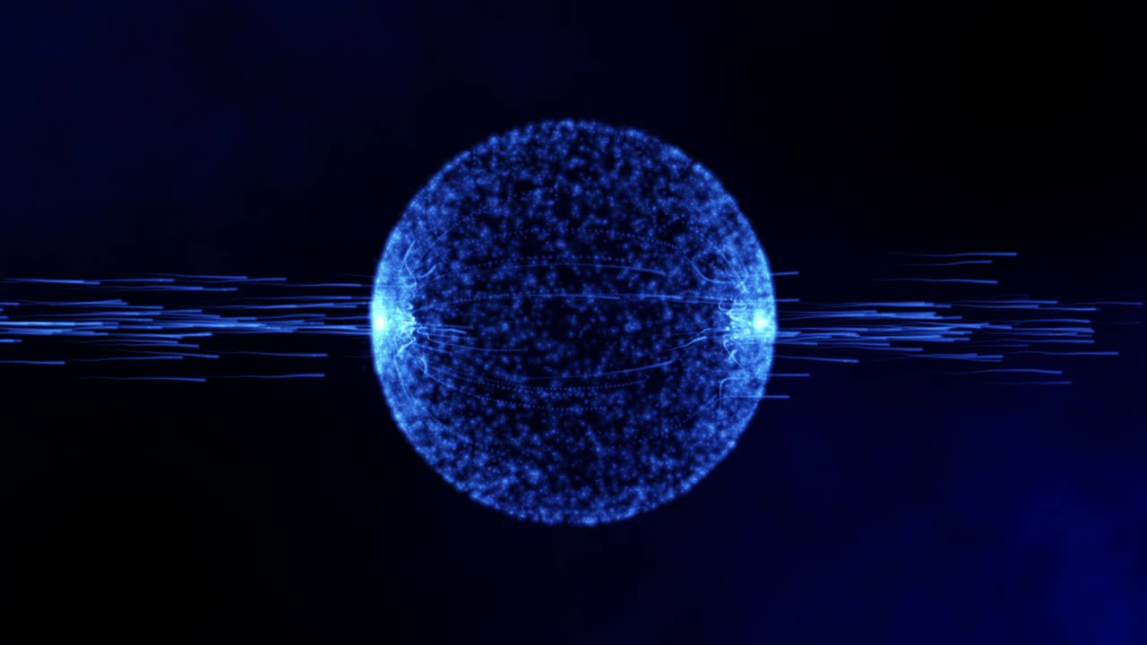 Digital star field space sphere ball innovation 5G internet connecting data transfer. Futuristic energy power control by IOT technology 3D illustration motion graphic wallpaper background.